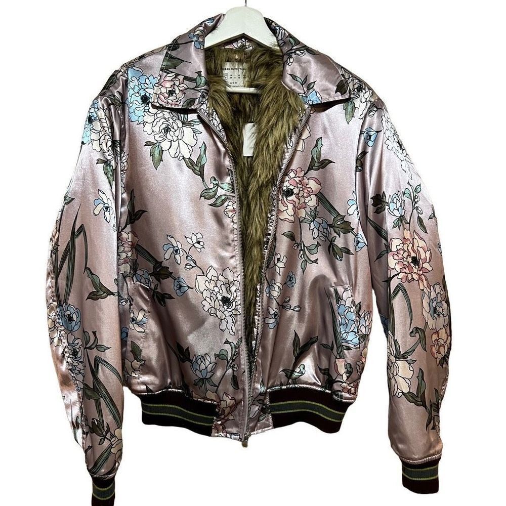 Urban Outfitters Floral Satin Brocade Bomber Jacket Sm Faux Fur Mauve